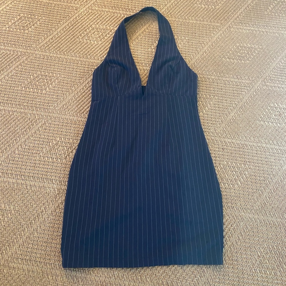 Princess Polly navy pinstriped halter dress with deep V in size 4!